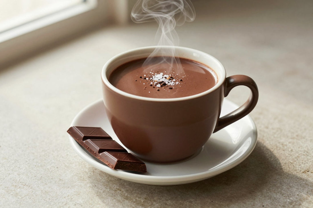 A steaming mug of rich dark hot chocolate on a saucer, rich and glossy, with its toppings