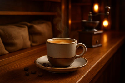 Ristretto in a ceramic mug on an oak bar
