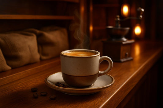 Ristretto in a ceramic mug on an oak bar