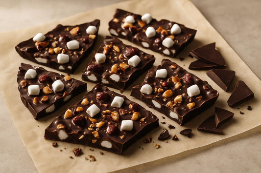 Shards of rocky road bark on parchment