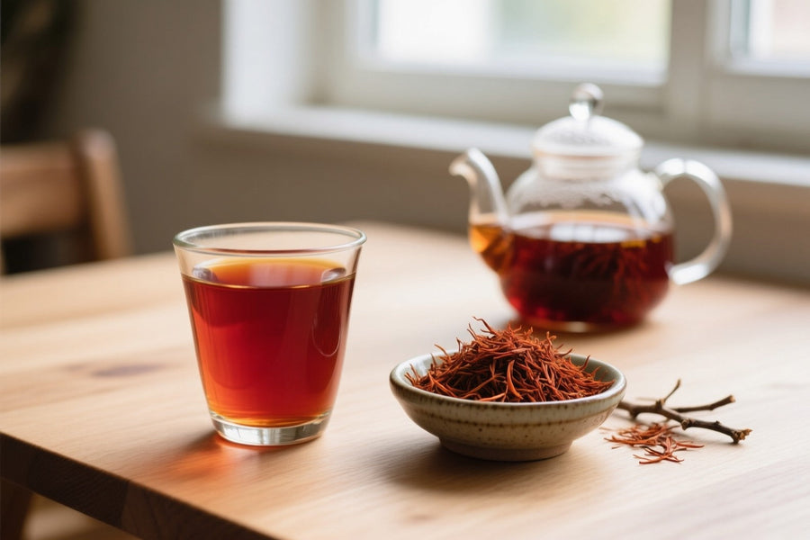 A glass of red rooibos tea beside a bowl of loose rooibos leaves and a glass teapot