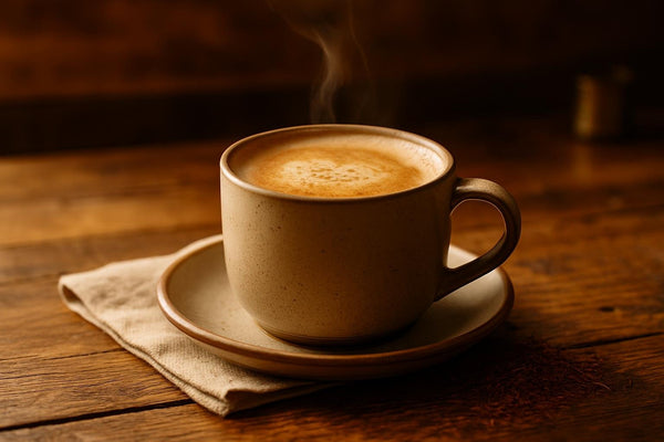 Rooibos in a ceramic mug on an oak table