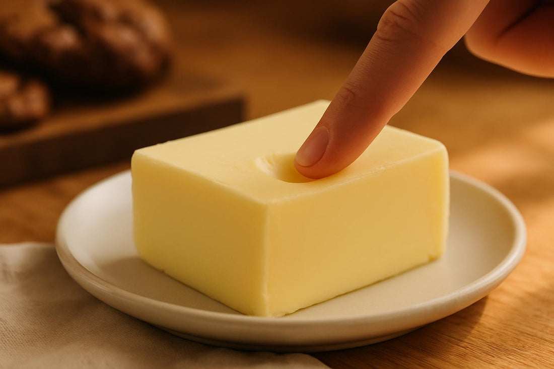 Finger pressing into softened room temperature butter showing proper texture for baking