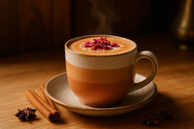 Rose Chai in a ceramic mug on an oak kitchen island