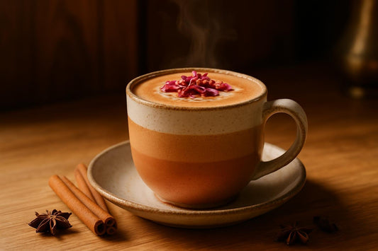 Rose Chai in a ceramic mug on an oak kitchen island