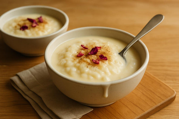 Rose Rice Pudding served on an oak table