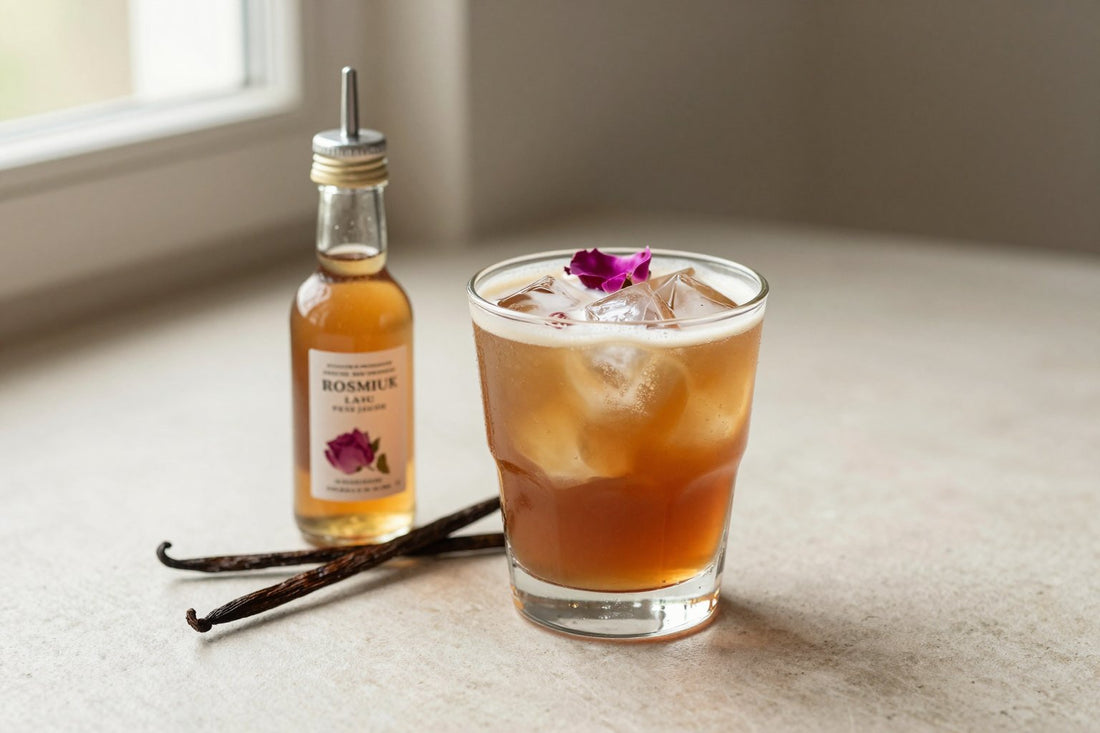 A small glass bottle of rose syrup with a pour spout, beside an iced latte sweetened with it