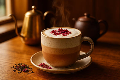 Rose Tea Latte in a ceramic mug on an oak café counter