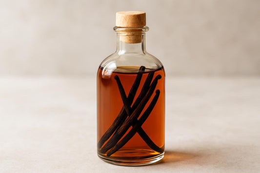 Bottle of homemade rum vanilla extract with vanilla beans