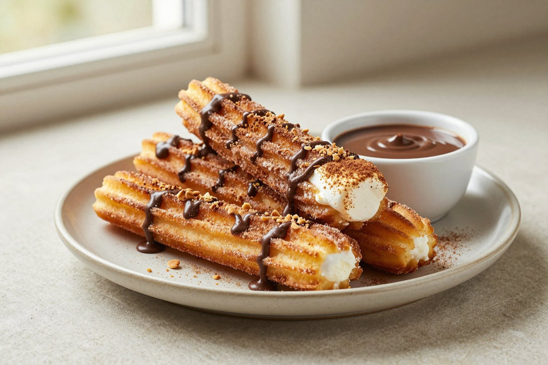 S'mores churros piled on a plate, coated in cinnamon sugar, with a small bowl of dipping sauce