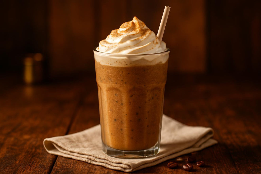 S'mores Crème Frappé in a glass on an oak table