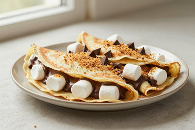 Folded s'mores crêpes on a plate, the filling and toppings from the recipe clearly visible