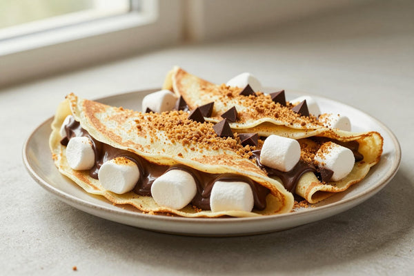 Folded s'mores crêpes on a plate, the filling and toppings from the recipe clearly visible