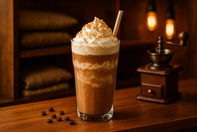 S'mores Frappé in a glass on an oak bar