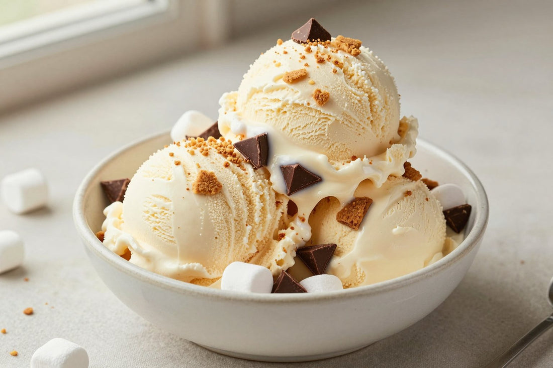 Two generous scoops of s'mores ice cream in a shallow ceramic bowl, softly melting at the edges