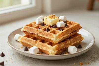 A stack of golden s'mores waffles on a plate with a pat of butter and the toppings from the recipe
