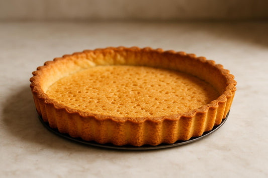 A baked, empty sable breton tart shell in a fluted tart pan on a marble counter, golden and crisp