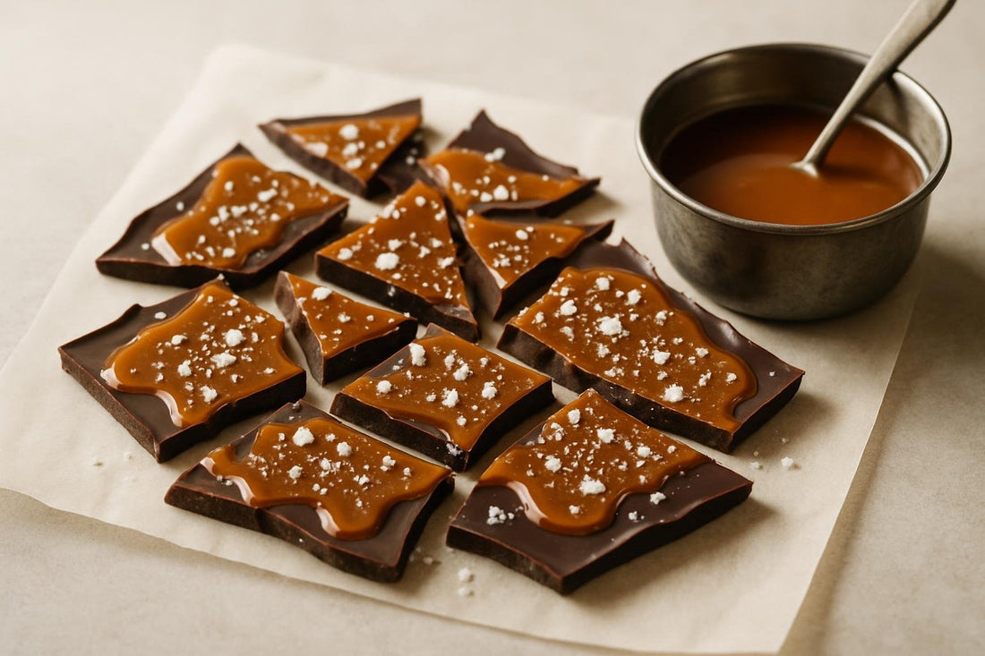 Shards of salted caramel bark on parchment