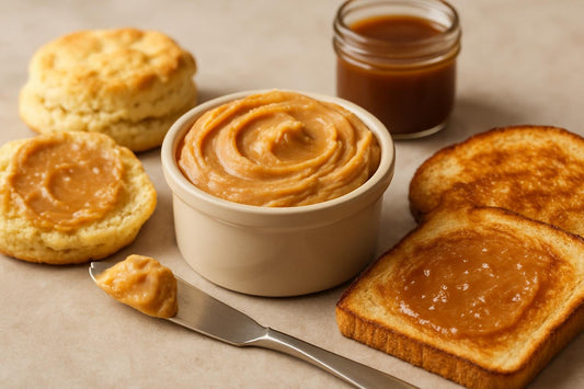 Salted Caramel Butter in a crock with warm biscuits