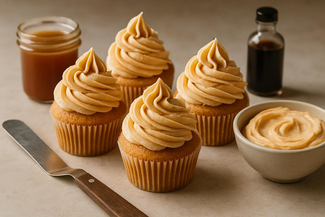 Cupcakes piped with salted caramel buttercream frosting