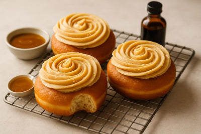 Doughnuts finished with salted caramel buttercream on a cooling rack