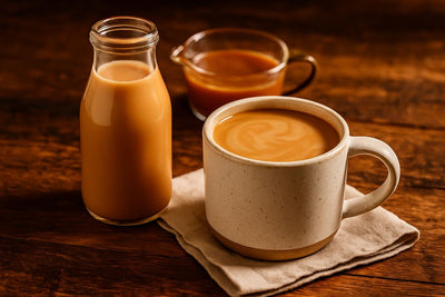 Salted Caramel Creamer in a ceramic mug on an oak table