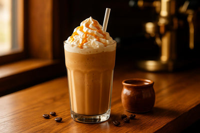 Salted Caramel Crème Frappé in a glass on an oak café counter