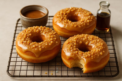 Doughnuts finished with salted caramel crunch on a cooling rack