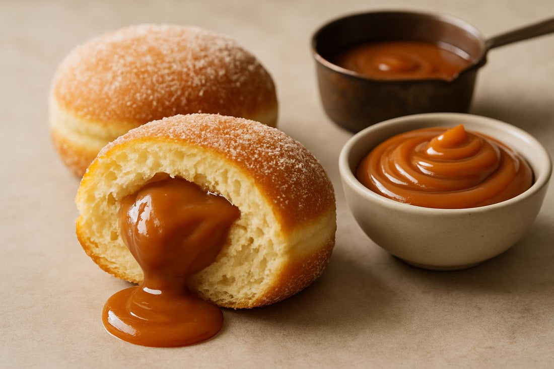 Filled doughnut cut open to show salted caramel custard