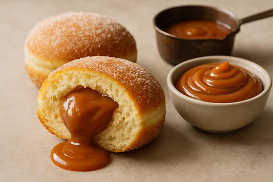 Filled doughnut cut open to show salted caramel custard