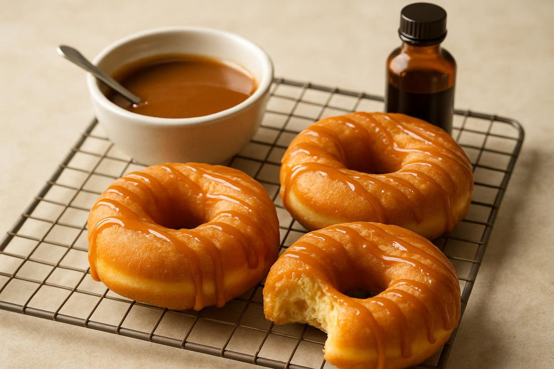 Doughnuts finished with salted caramel drizzle on a cooling rack
