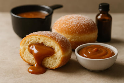 Filled doughnut cut open to show salted caramel filling