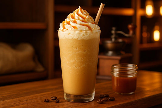 Salted Caramel Frappé in a glass on an oak bar