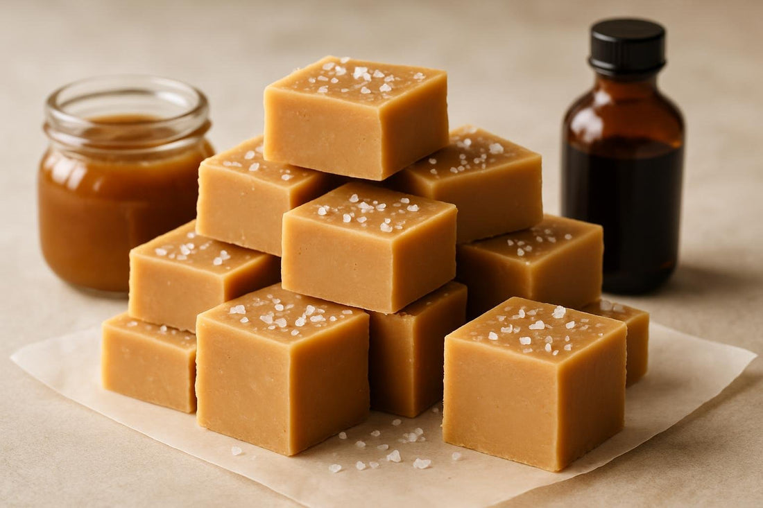 Squares of salted caramel fudge on parchment