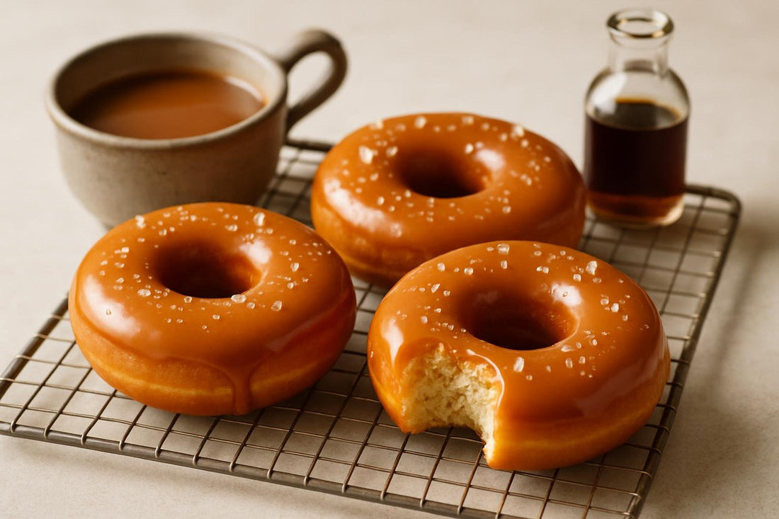 Doughnuts finished with salted caramel glaze on a cooling rack
