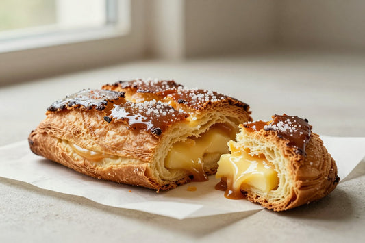 Caramelized, crackly salted caramel kouign-amann on parchment, one torn open to show the buttery layers