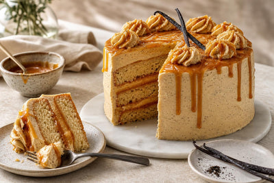 Salted caramel vanilla layer cake made with Madagascar vanilla