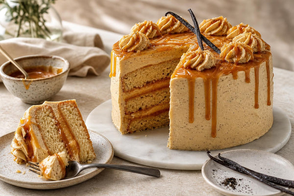 Salted caramel vanilla layer cake made with Madagascar vanilla