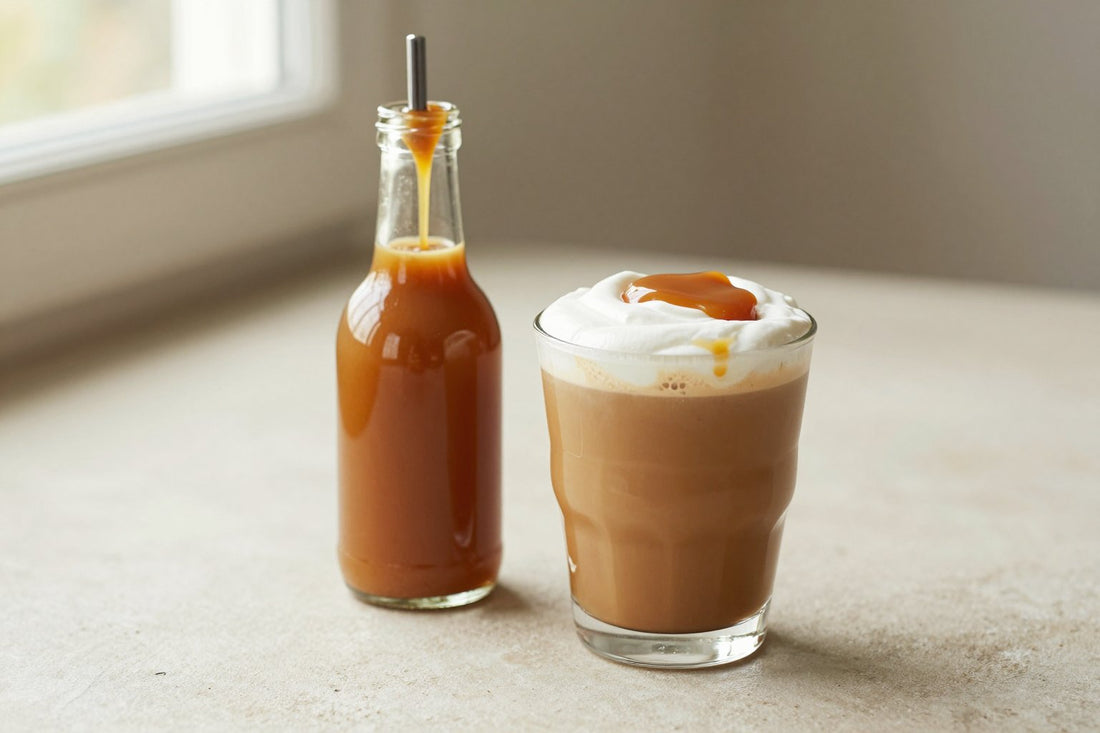 A small glass bottle of salted caramel syrup with a pour spout, beside an iced latte sweetened with it