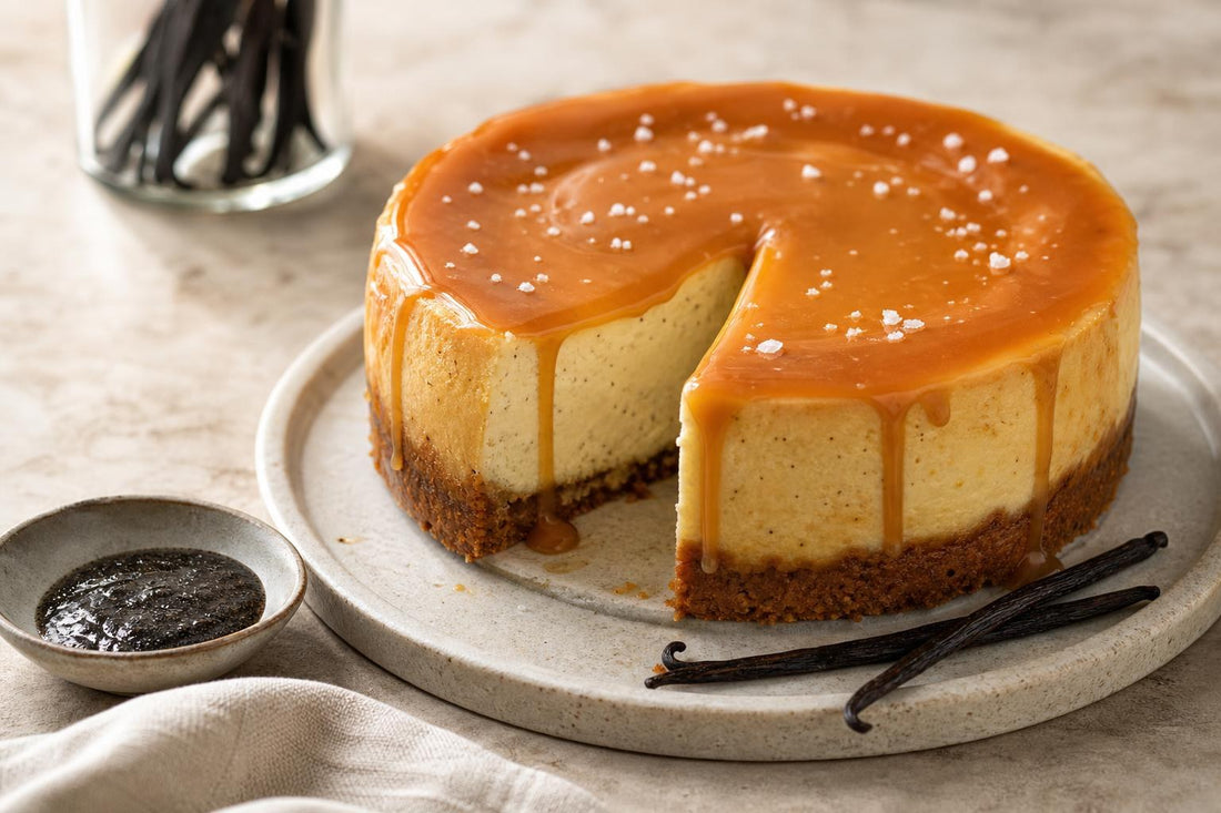 Salted caramel vanilla cheesecake made with Tahitian vanilla