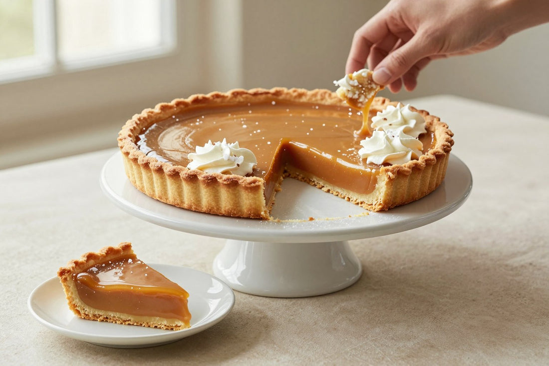 A salted caramel tart on a cake stand with one slice cut out and served on a small plate