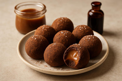 Salted Caramel Truffles on a plate, one bitten
