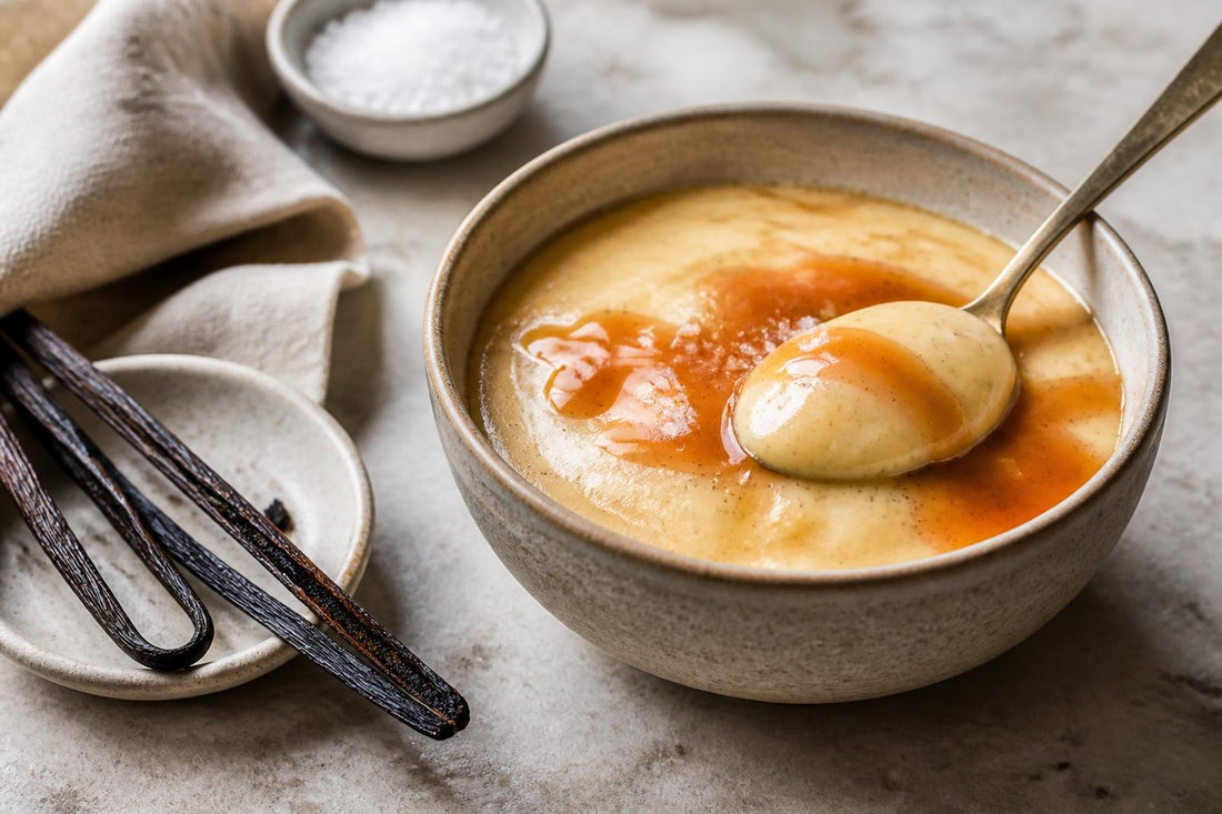 Salted caramel vanilla pudding made with Ugandan vanilla