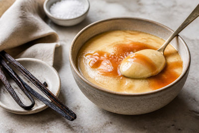 Salted caramel vanilla pudding made with Ugandan vanilla