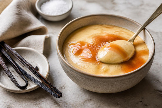 Salted caramel vanilla pudding made with Ugandan vanilla