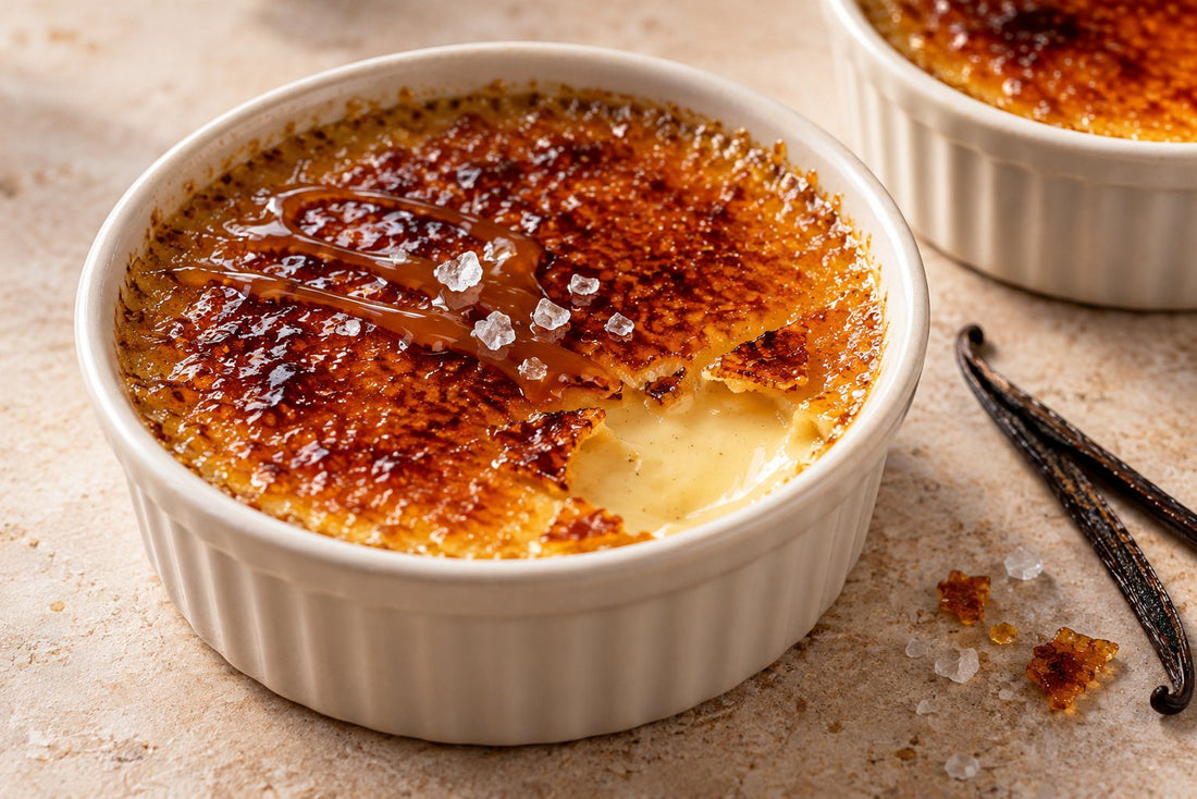 Salted Caramel Vanilla Crème Brûlée in a ramekin with a caramelized sugar crust