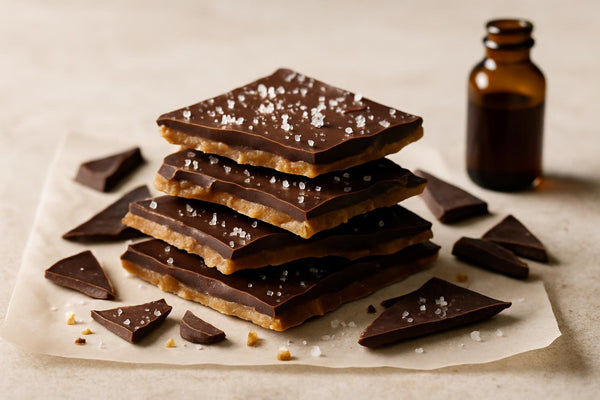 Shards of salted chocolate toffee on parchment