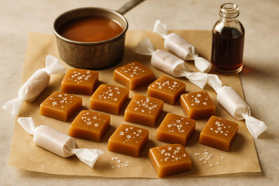 Salted Vanilla Caramels cut and wrapped in wax paper