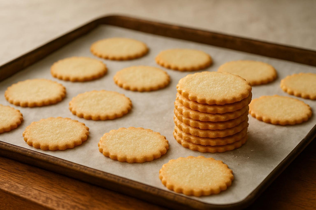 Sandwich cookie shells cooling on parchment on a wooden table, a few stacked