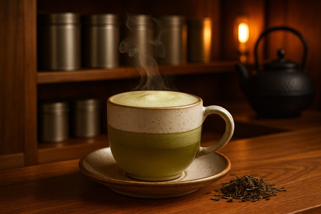 Sencha in a ceramic mug on an oak bar